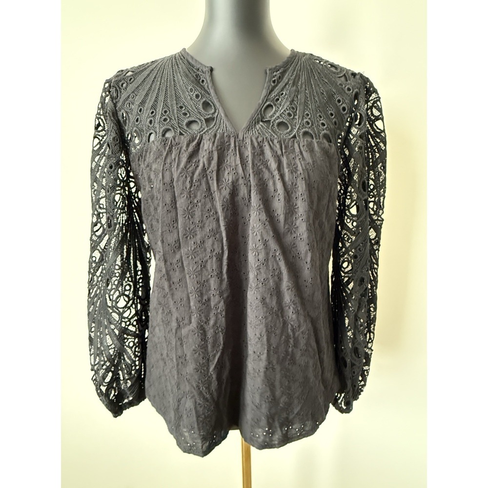 ADIVA Women's Black Open Lace Sleeve V Neck Top Size S Feminine Romantic